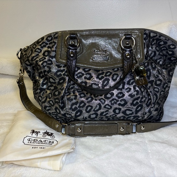 Coach Handbags - Coach Leopard Print Shoulder Bag - Black and Silver